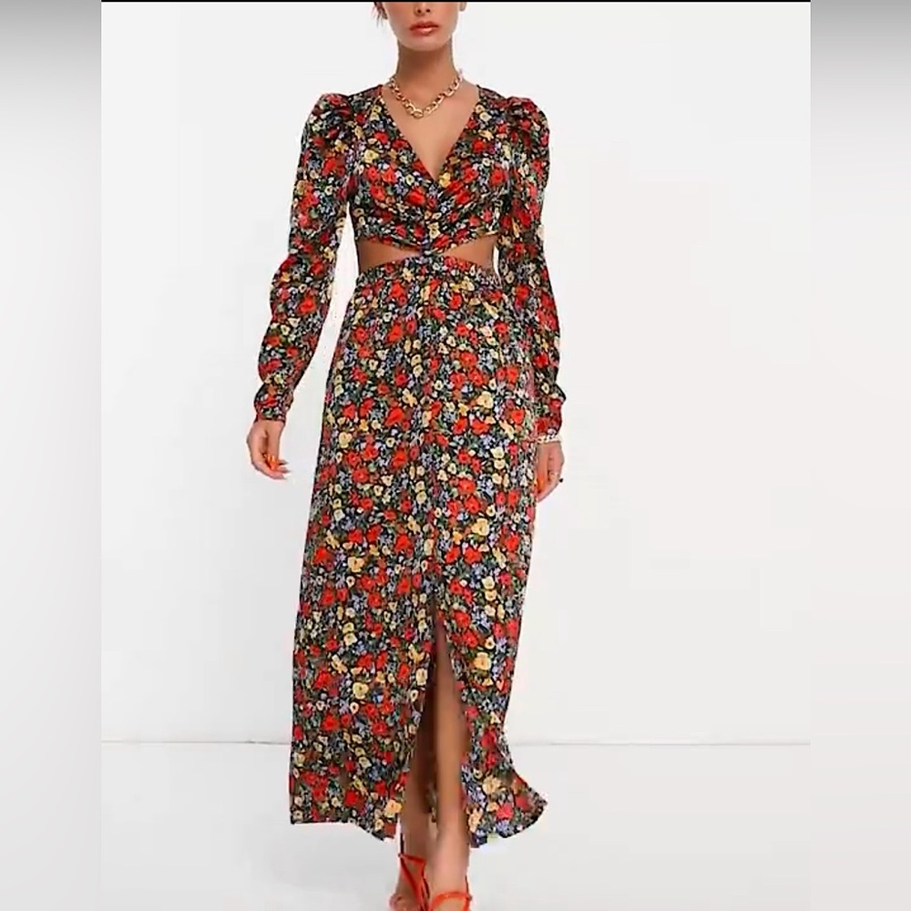 Vila ASOS Satin Cut-Out Maxi Dress in Floral Print